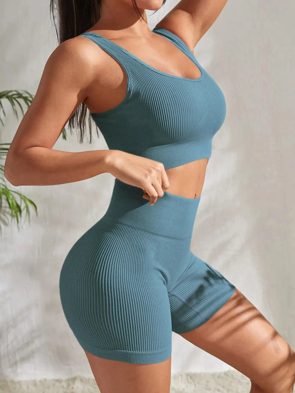 2 Pieces Ribbed Crop Gym Suits